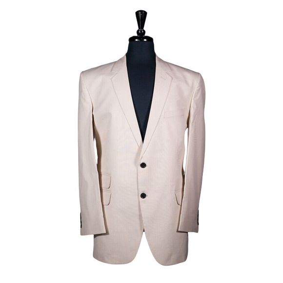 Mens Blazer Beige Striped Cotton Dress Formal Suit Jacket Wedding Sport Coat 44R
